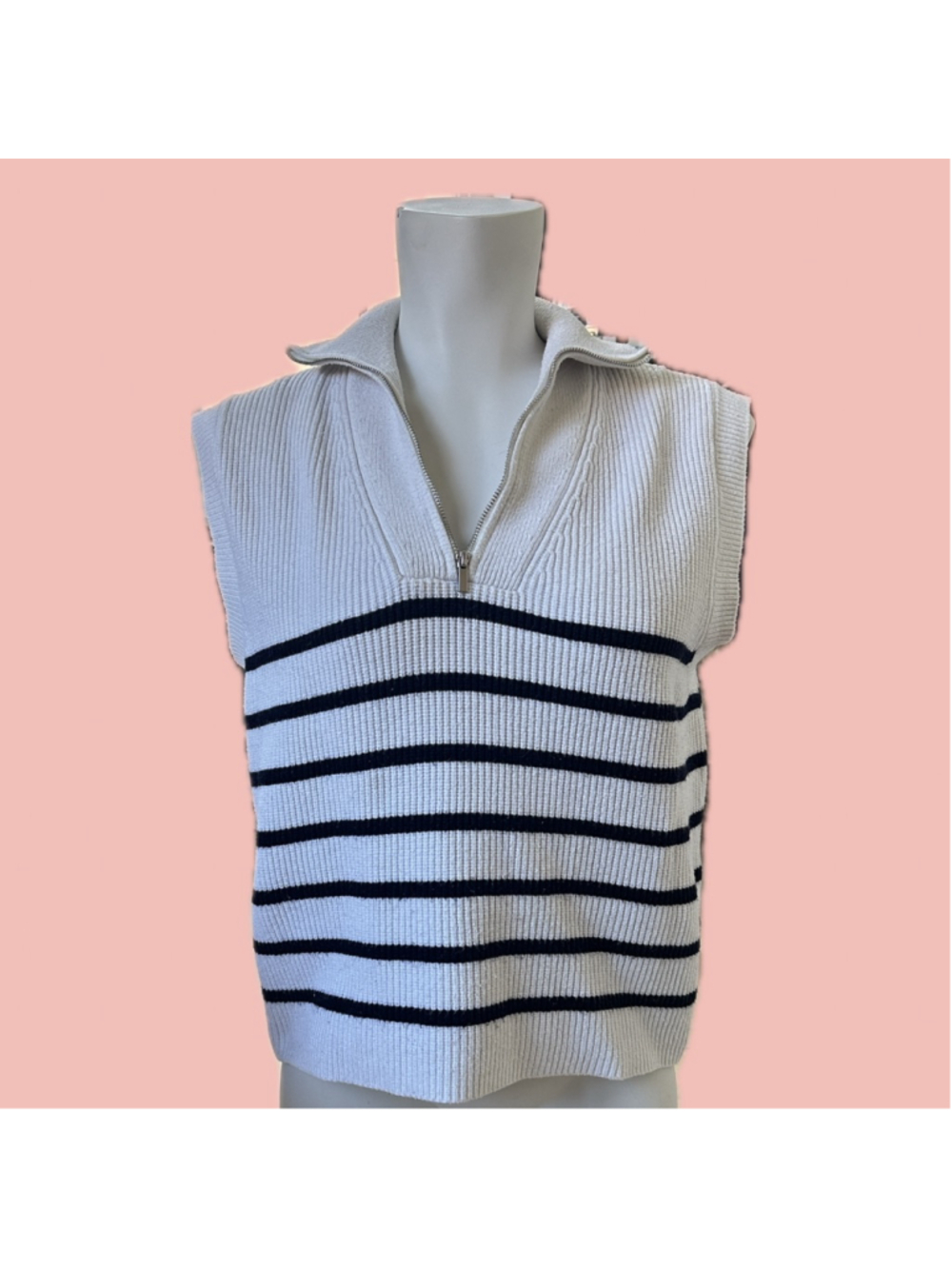 Mango MNG Rib Knit Striped Sleeveless Sweater Vest Zip Mock Neck M